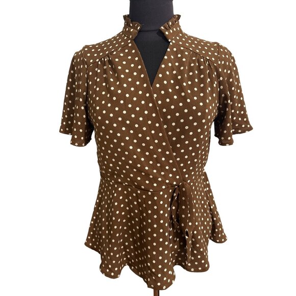 Monteau Tops - Monteau Brown Polka Dot Wrap Blouse Short Sleeve Lightweight Ruffled Collar Med